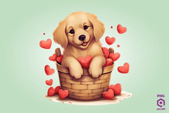 Golden Retriever Dog in Hearts Basket